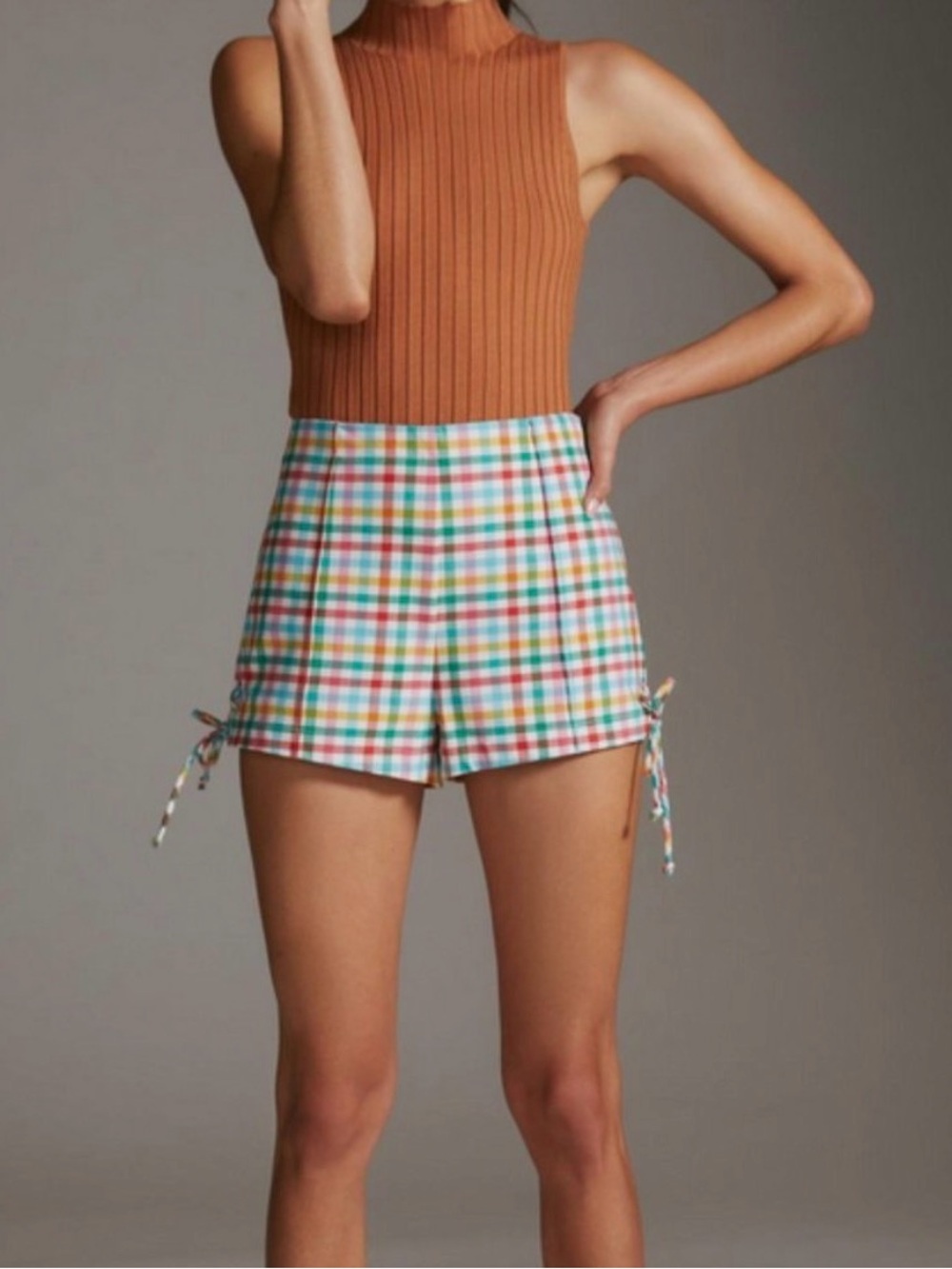 Anthropologie Maeve Multi Gingham High-Waist Tie-Side Micro Mini Shorts small